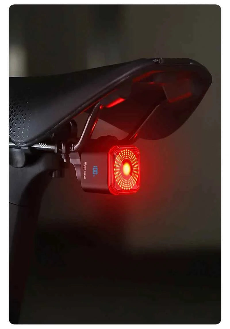 WEST BIKING Bicycle Rear Light Brake Sensing Digital Power Display Auto Start/Stop Long Endurance Taillight Cycling Accessories