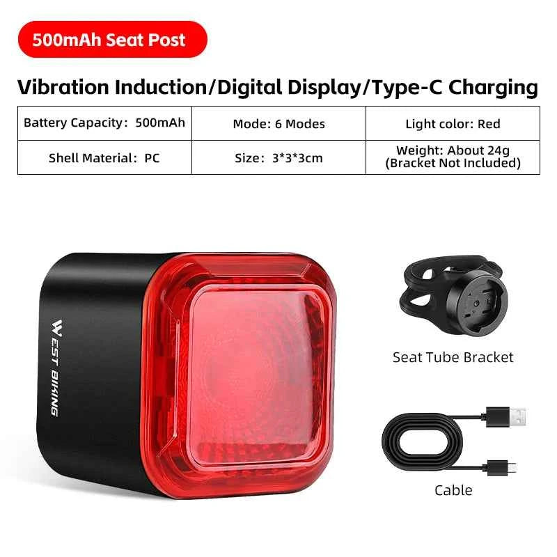 WEST BIKING Bicycle Rear Light Brake Sensing Digital Power Display Auto Start/Stop Long Endurance Taillight Cycling Accessories