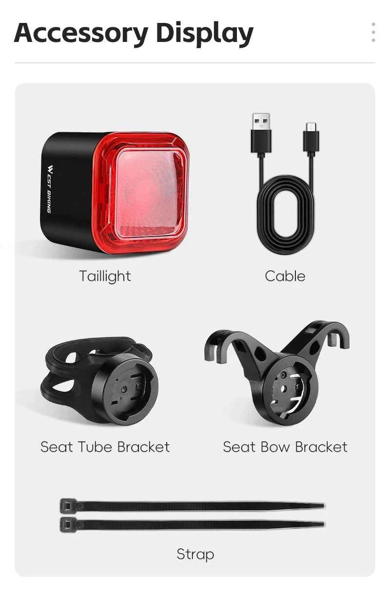 WEST BIKING Bicycle Rear Light Brake Sensing Digital Power Display Auto Start/Stop Long Endurance Taillight Cycling Accessories