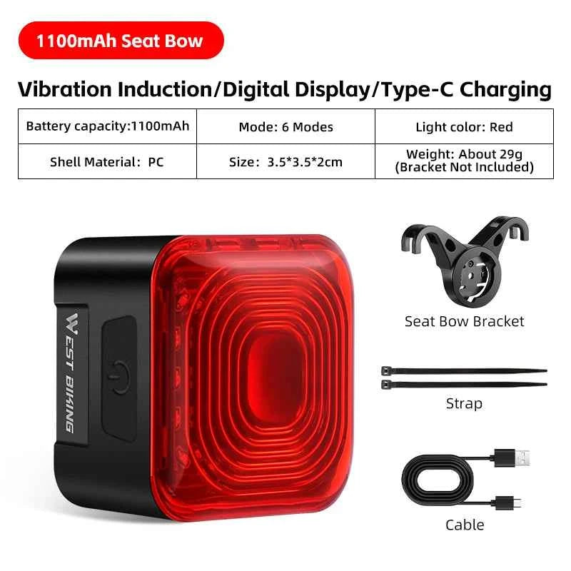 WEST BIKING Bicycle Rear Light Brake Sensing Digital Power Display Auto Start/Stop Long Endurance Taillight Cycling Accessories