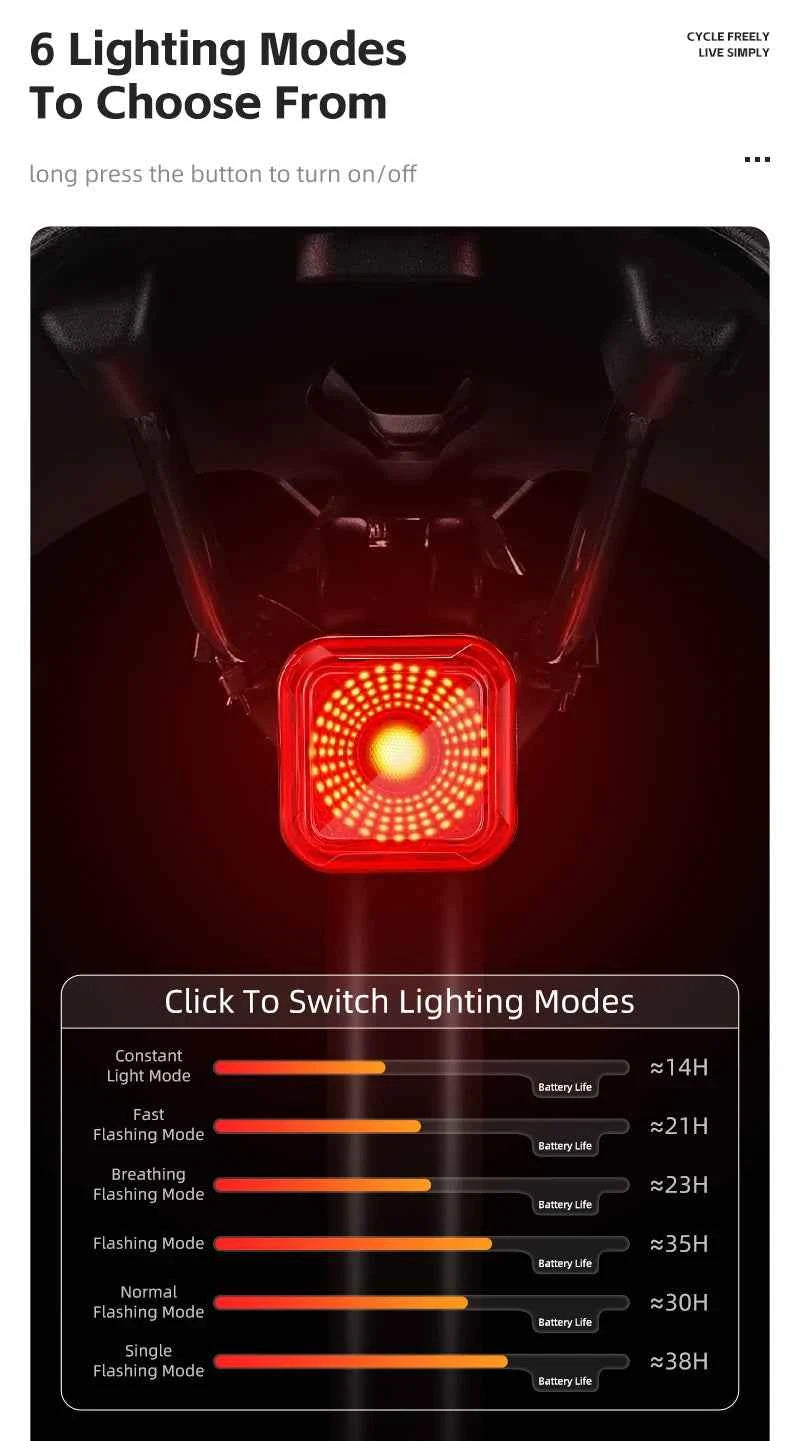 WEST BIKING Bicycle Rear Light Brake Sensing Digital Power Display Auto Start/Stop Long Endurance Taillight Cycling Accessories