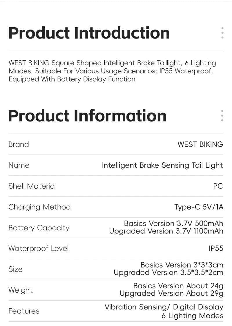 WEST BIKING Bicycle Rear Light Brake Sensing Digital Power Display Auto Start/Stop Long Endurance Taillight Cycling Accessories