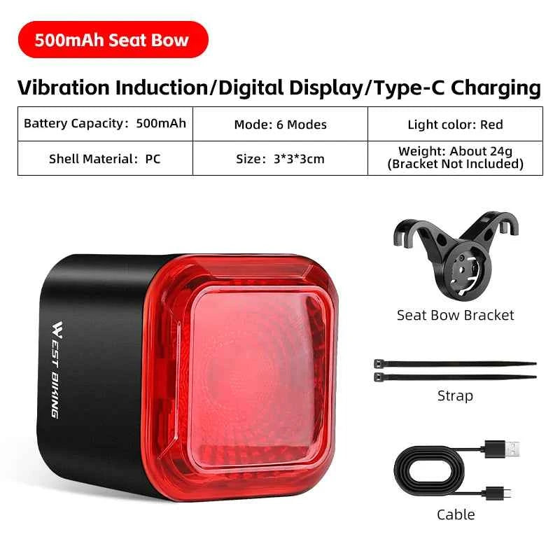 WEST BIKING Bicycle Rear Light Brake Sensing Digital Power Display Auto Start/Stop Long Endurance Taillight Cycling Accessories