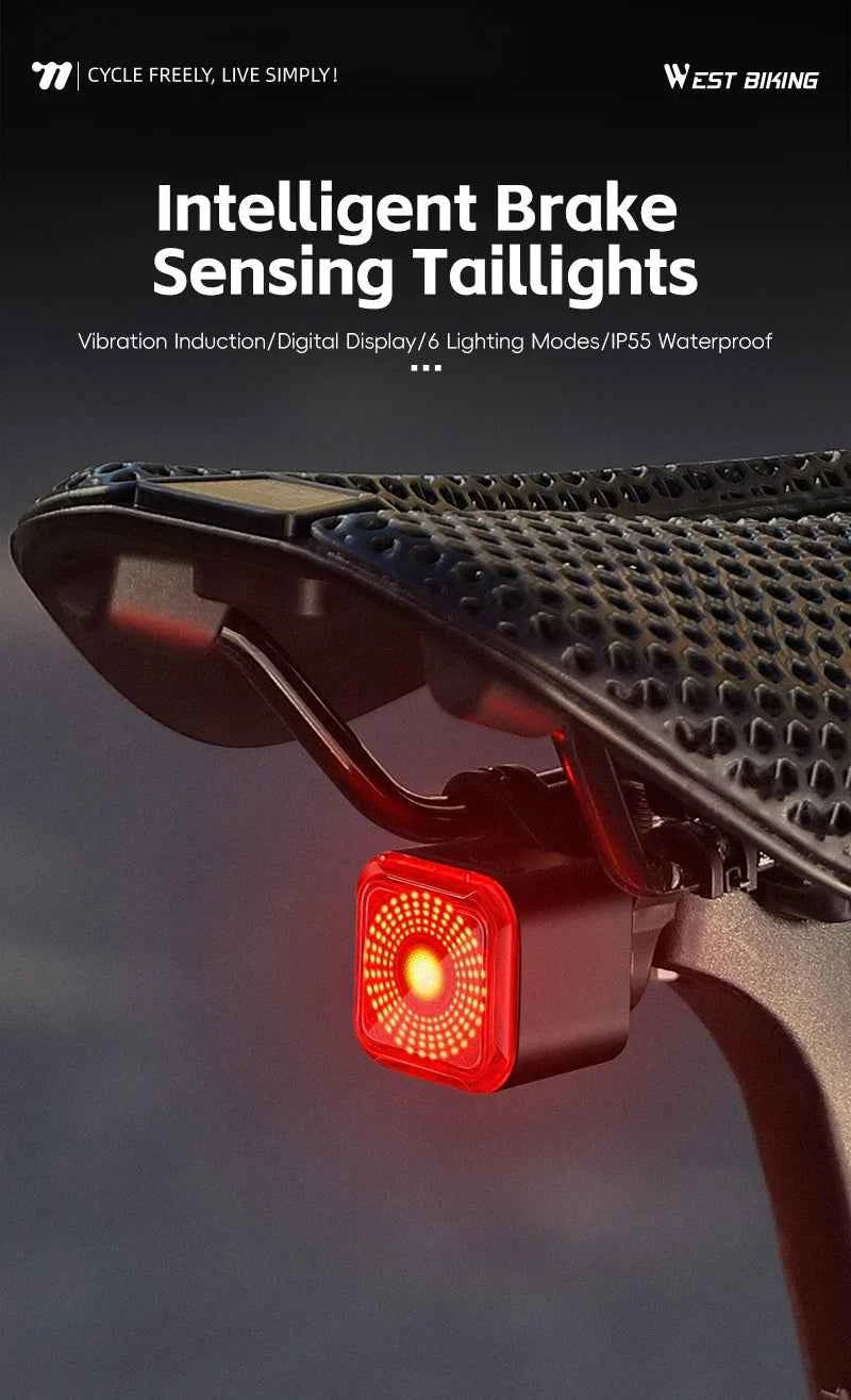 WEST BIKING Bicycle Rear Light Brake Sensing Digital Power Display Auto Start/Stop Long Endurance Taillight Cycling Accessories